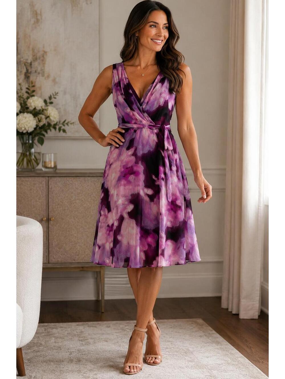 NWT DKNY Purple Watercolor Chiffon Wrap Dress Size 12 Wedding Guest Cocktail